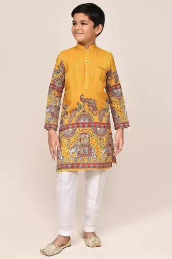 Kids boy yellow silk blend straight kurta pant set