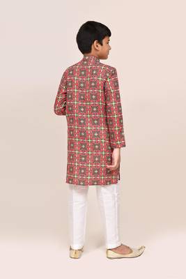 Kids boy red cotton straight kurta pant set 2