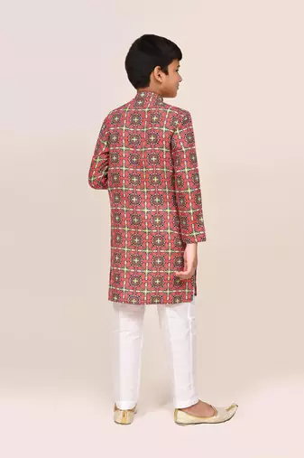 Kids boy red cotton straight kurta pant set
