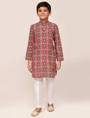 Kids boy red cotton straight kurta pant set 3