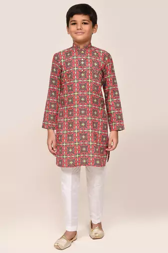 Kids boy red cotton straight kurta pant set