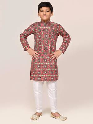 Kids boy red cotton straight kurta pant set 1