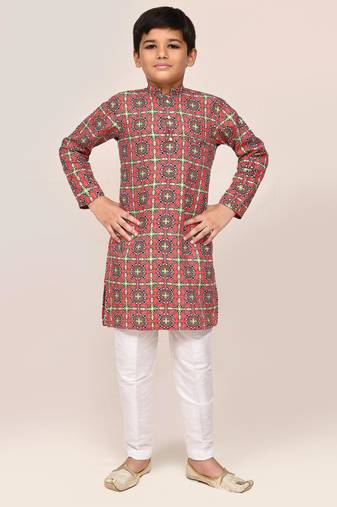 Kids boy red cotton straight kurta pant set