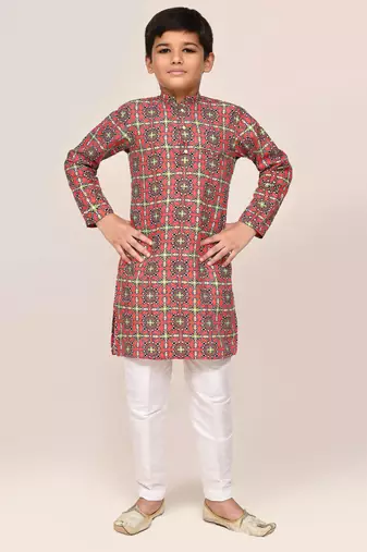 Kids boy red cotton straight kurta pant set