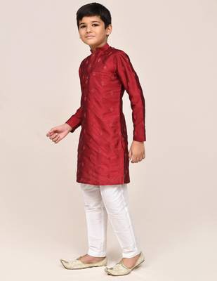 Kids boy maroon silk blend straight kurta pant set 2