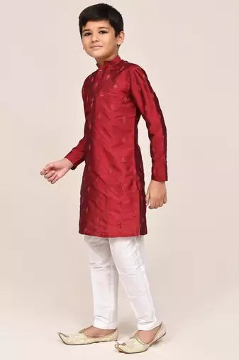 Kids boy maroon silk straight kurta pant set