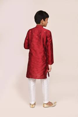 Kids boy maroon silk blend straight kurta pant set 3