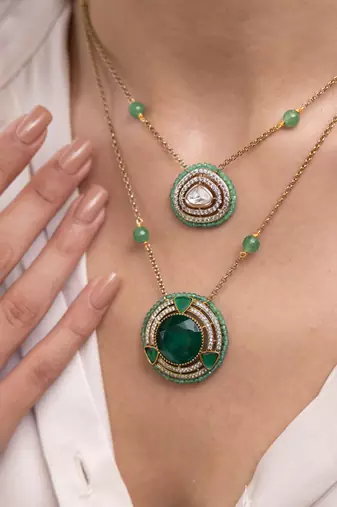 Gold plated green stone layered necklace