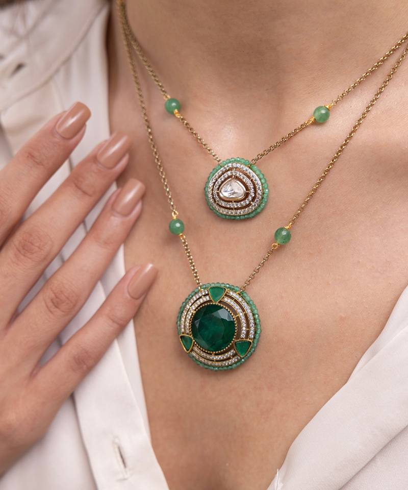 Gold plated green stone layered necklace