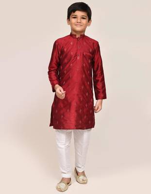 Kids boy maroon silk blend straight kurta pant set 1