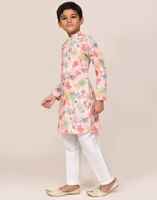 Kids boy peach cotton straight kurta pant set 4