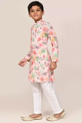Kids boy peach cotton straight kurta pant set