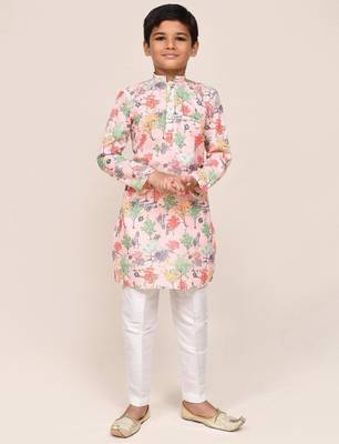 Kids boy peach cotton straight kurta pant set 1