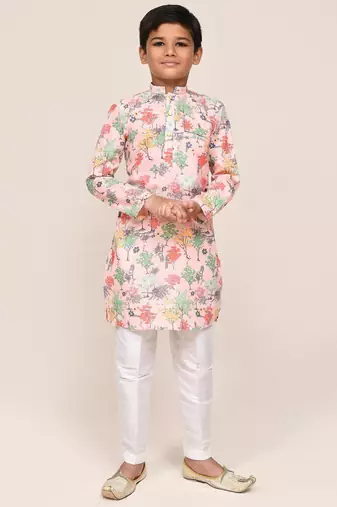 Kids boy peach cotton straight kurta pant set