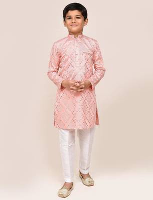 Kids boy pink silk blend straight kurta pant set 2