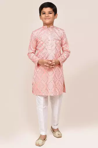 Kids boy pink silk blend straight kurta pant set