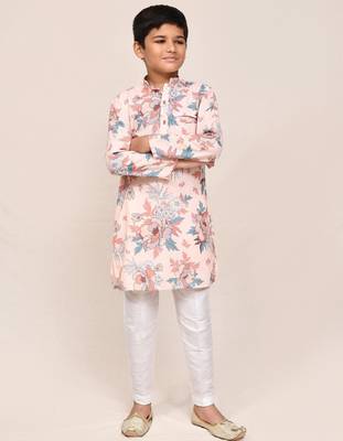 Kids boy peach cotton silk blend straight kurta pant set 1