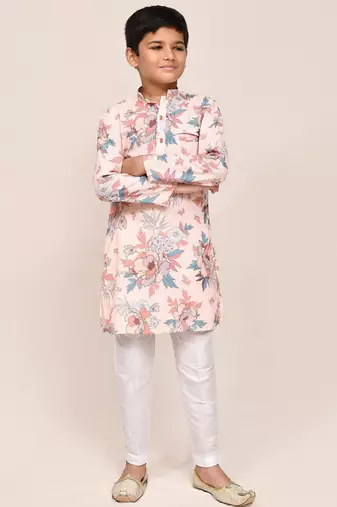 Kids boy peach cotton silk  straight kurta pant set