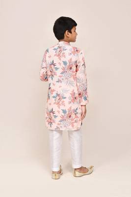 Kids boy peach cotton silk blend straight kurta pant set 2