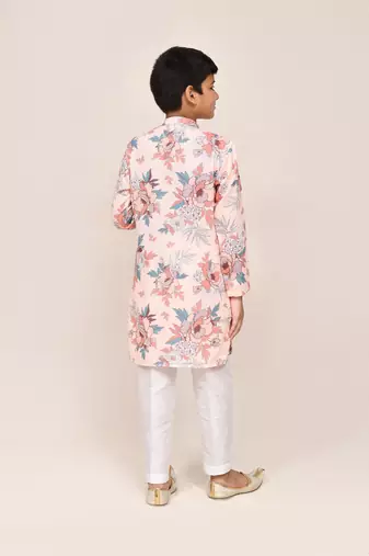 Kids boy peach cotton silk blend straight kurta pant set