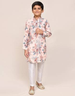 Kids boy peach cotton silk blend straight kurta pant set 3