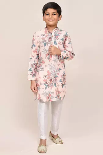 Kids boy peach cotton silk blend straight kurta pant set