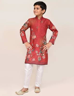 Kids boy red cotton straight kurta pant set 1