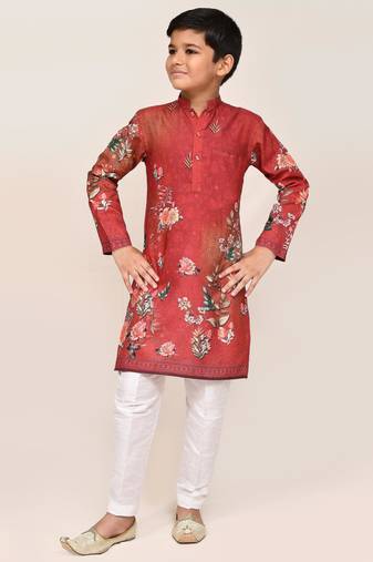 Kids boy red cotton straight kurta pant set