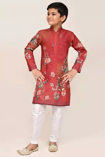 Kids boy red cotton straight kurta pant set