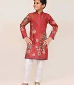 Kids boy red cotton straight kurta pant set