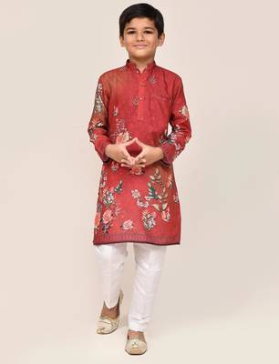 Kids boy red cotton straight kurta pant set 2
