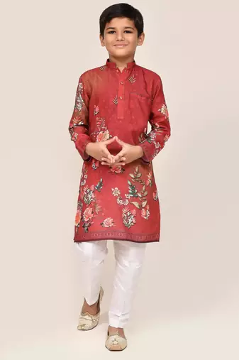 Kids boy red cotton straight kurta pant set