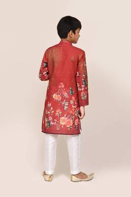 Kids boy red cotton straight kurta pant set 3