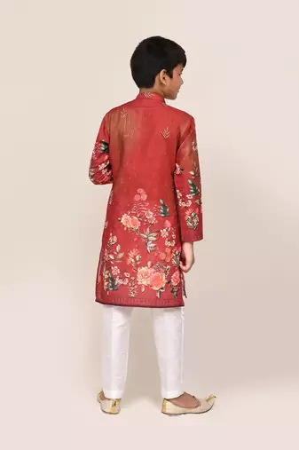 Kids boy red cotton straight kurta pant set