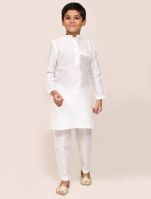 Kids boy white Art silk straight kurta pant set 3