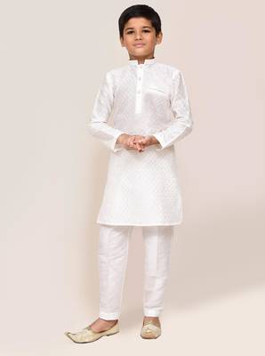 Kids boy white Art silk straight kurta pant set 1