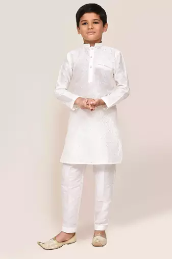Kids boy white art silk straight kurta pant set