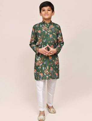 Kids boy green cotton silk blend straight kurta pant set 1