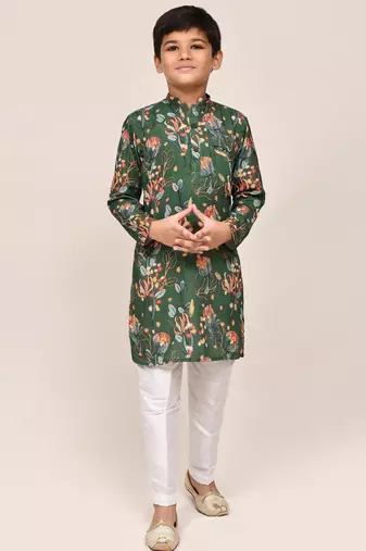 Kids boy green cotton silk  straight kurta pant set