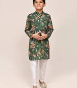 Kids boy green cotton silk  straight kurta pant set