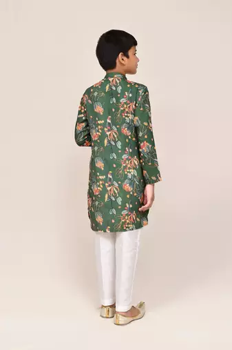 Kids boy green cotton silk  straight kurta pant set