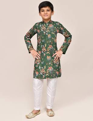 Kids boy green cotton silk blend straight kurta pant set 3