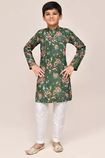 Kids boy green cotton silk  straight kurta pant set
