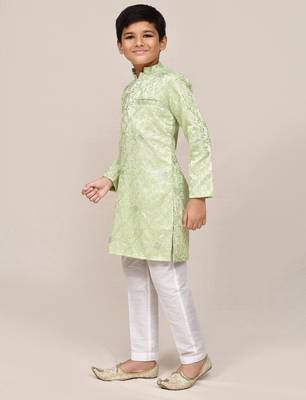 Kids boy pistal green giza cotton straight kurta pant set 2