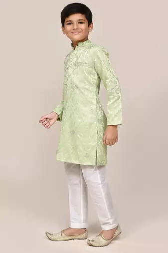Kids boy pistal green giza cotton straight kurta pant set
