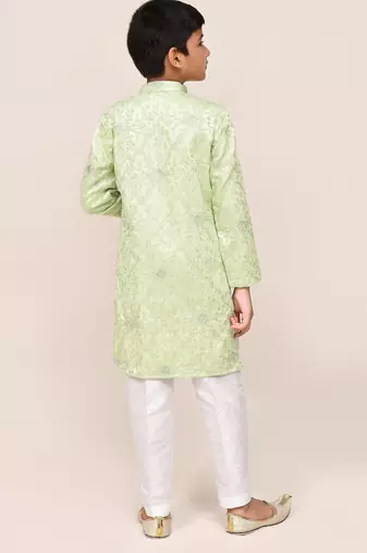 Kids boy pistal green giza cotton straight kurta pant set