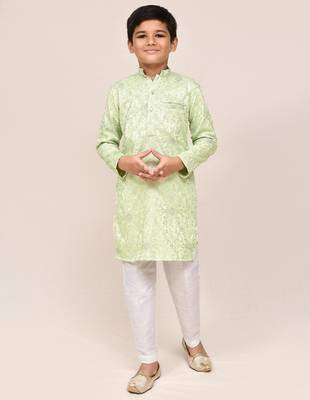 Kids boy pistal green giza cotton straight kurta pant set 1