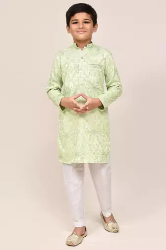 Kids boy pistal green giza cotton straight kurta pant set