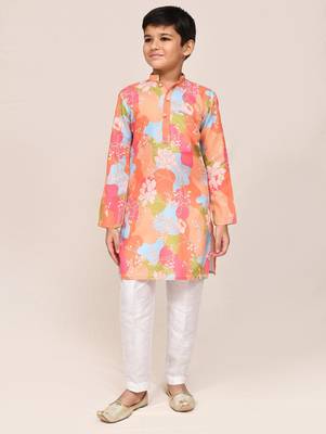 Kids boy multicolour linen cotton straight kurta pant set 1