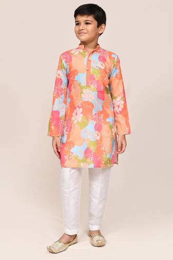 Kids boy multicolour linen cotton  straight kurta pant set